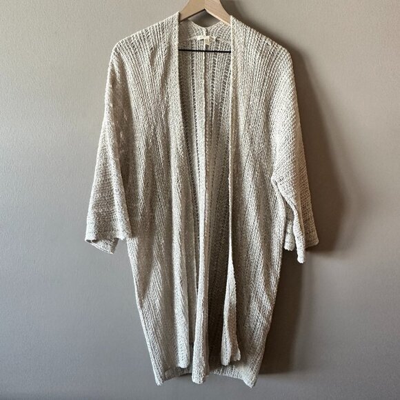 Women's M Eileen Fisher Duster Cardigan Sweater Beige Open Crochet Weave - Picture 2 of 9